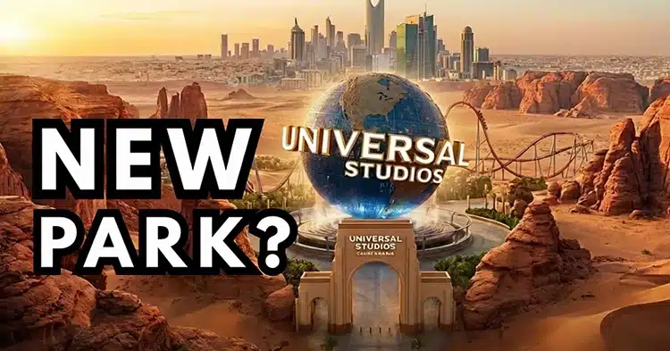 A conceptual graphic showing a Universal Studios archway in a desert landscape with the text New Park?, questioning the impact of Middle East theme parks on the global industry.