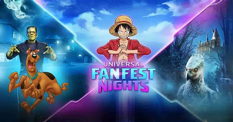 Promotional graphic for Universal Fan Fest Nights featuring Luffy from One Piece, Scooby-Doo, and Frankenstein’s Monster.