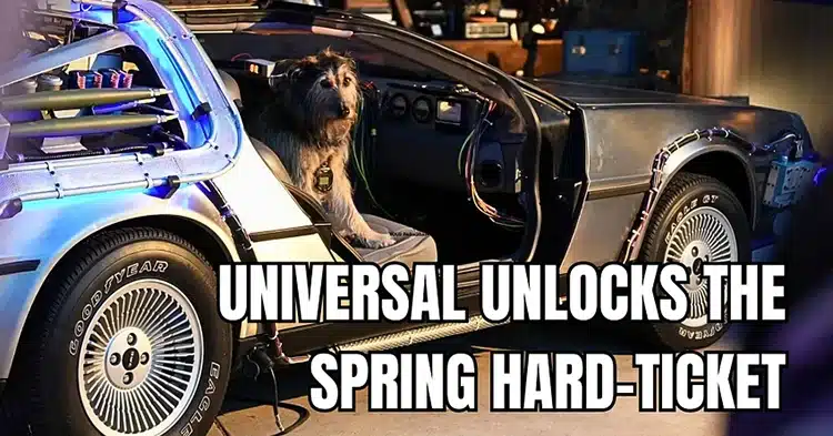 Einstein the dog sitting in the Back to the Future DeLorean at Universal Studios Hollywood Fan Fest Nights spring hard-ticket event.