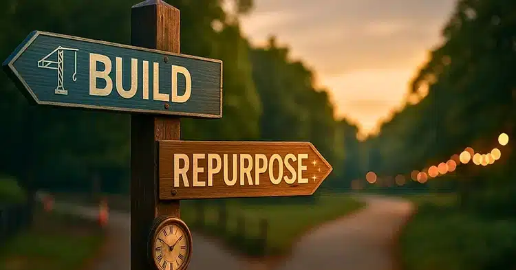 A wooden directional sign pointing toward Build and Repurpose, representing the strategic asset management choice for attraction operators.