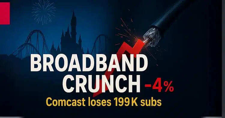 Graphic titled Broadband Crunch showing a 4% stock drop for Comcast, highlighting the subscriber loss mentioned in the post.