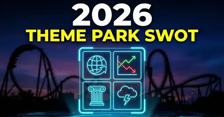 A silhouette of a person looking at a digital data overlay of a roller coaster and global map, representing the strategic forces shaping the attractions industry 2026.