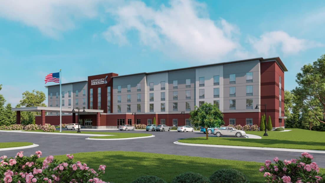 Exterior rendering of the new Hershey Inn & Suites opening May 2026.