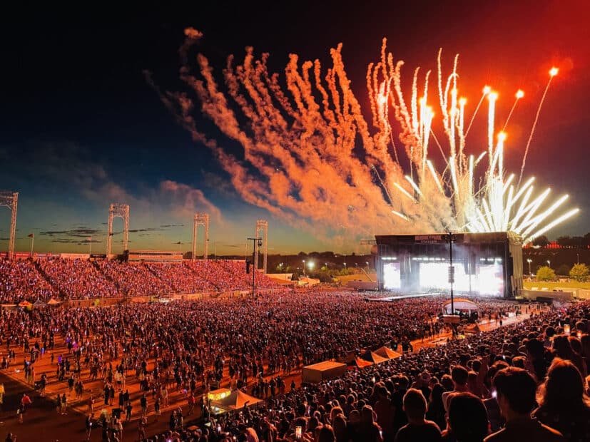 Wide view of the Hersheypark Stadium stage and field setup during a summer concert event.