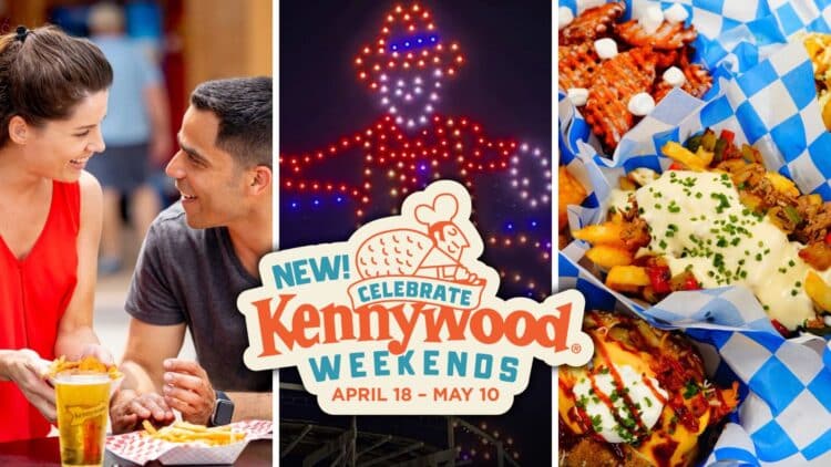 Celebrate Kennywood Weekends 2026 banner featuring Potato Patch fries branding at Kennywood Park.