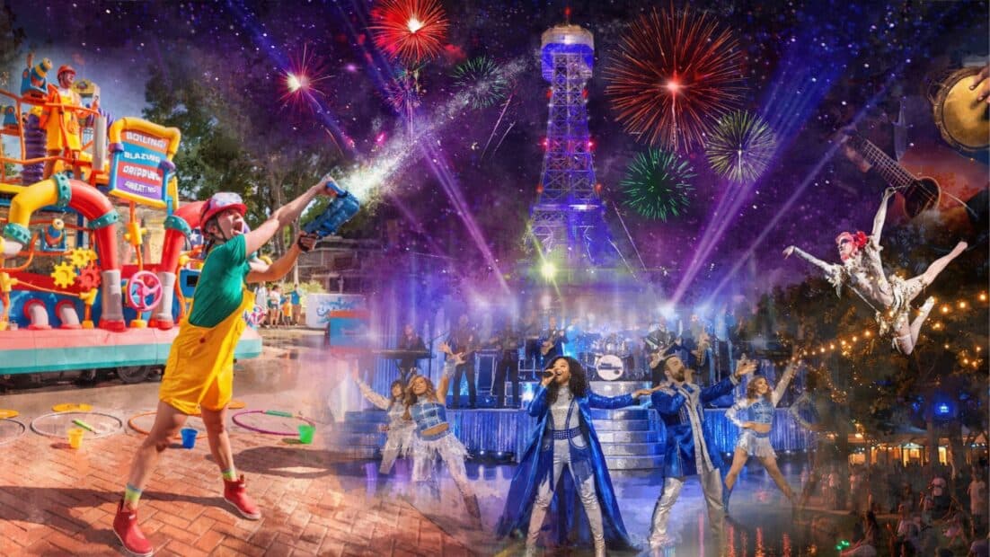 Kings Dominion Summer 2026 entertainment lineup featuring Cirque mainstage performer, Bandstand stage band, KD Clown Band, Splash water parade float, and the park's Eiffel Tower with drone show and fireworks