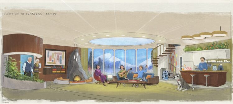 Artist concept of the reimagined Carousel of Progress Act IV, showing the family in a futuristic home with a helper robot and their dog