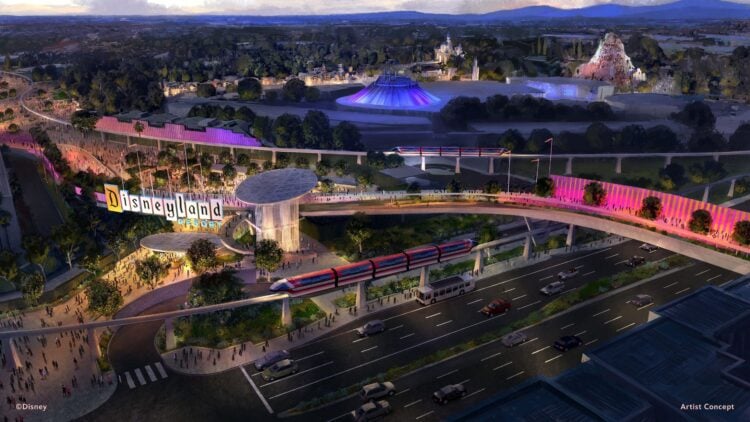 Artist concept of the DisneylandForward transportation hub and parking structure with pedestrian bridge over Harbor Boulevard at Disneyland Resort