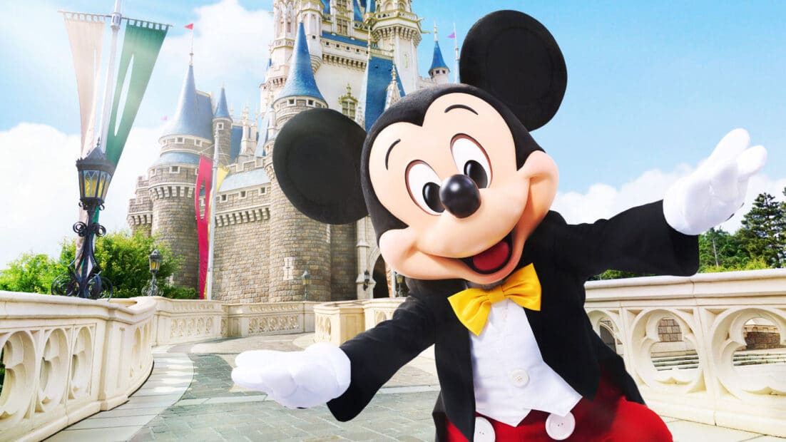 Mickey Mouse in front of Cinderella Castle at Tokyo Disneyland