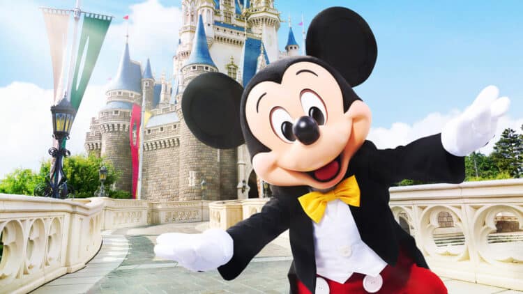Mickey Mouse in front of Cinderella Castle at Tokyo Disneyland