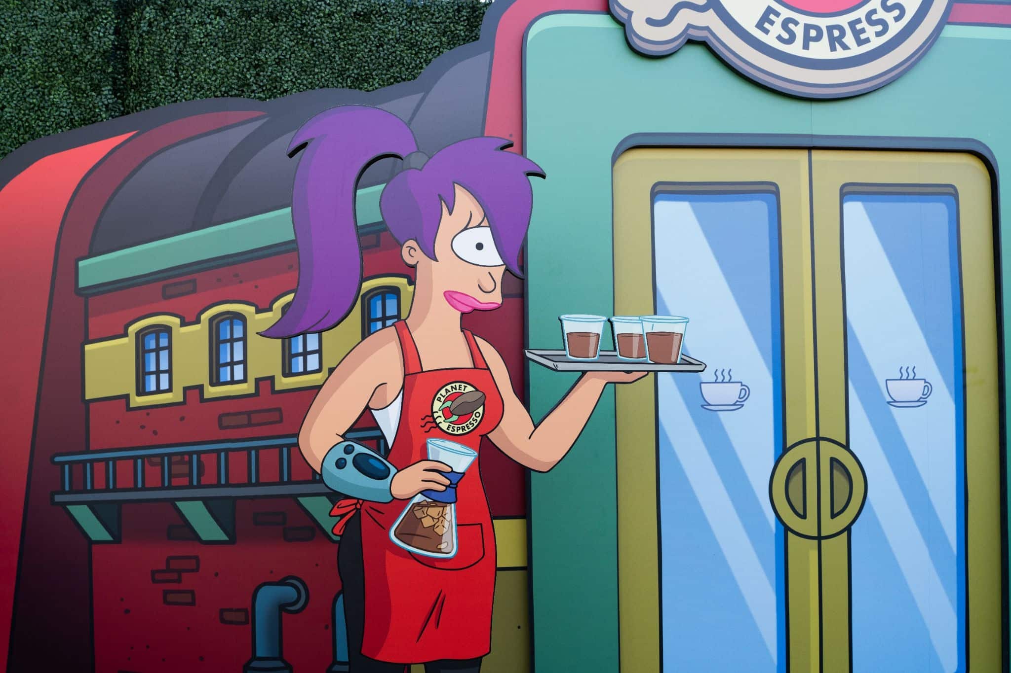 Leela serving cold brew at the Planet Express coffee stand at Hulu Animayhem Fandom Fuel Up