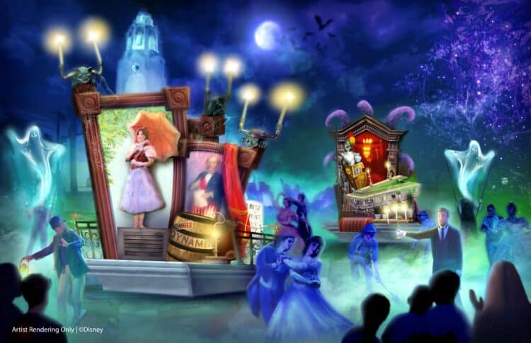 Haunted Mansion portrait float at Madame Leota's Swinging Wake street party at Oogie Boogie Bash 2026