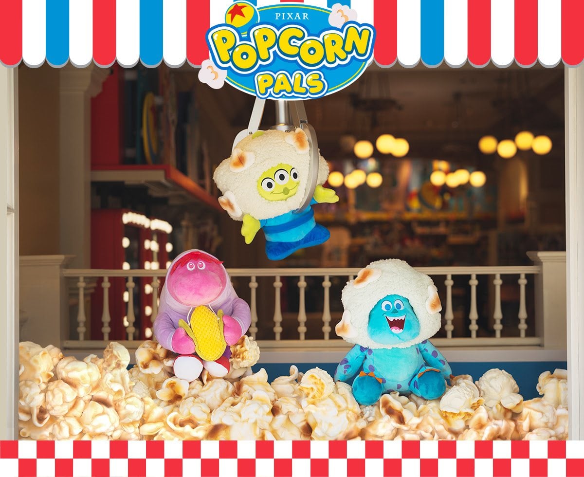 Pixar Popcorn Pals plush in the claw machine at Hong Kong Disneyland