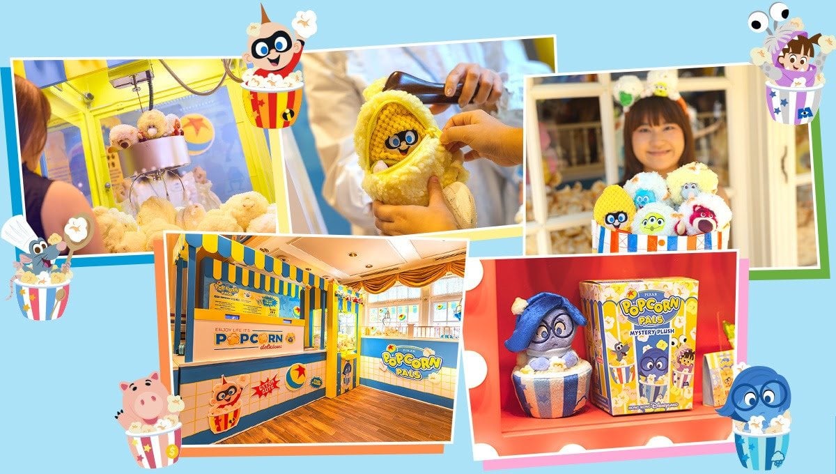 Popcorn Pop-Up Shop merchandise at Hong Kong Disneyland, including the mystery plush box and shop interior