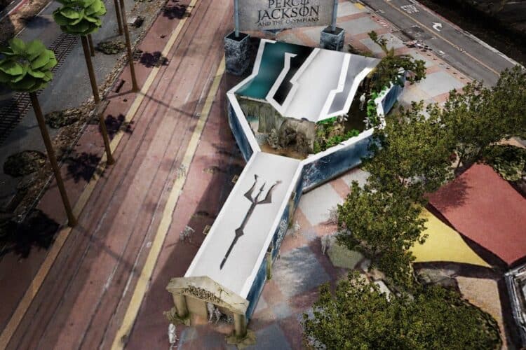 Aerial render of the trident-shaped Percy Jackson and the Olympians experience at San Diego Comic-Con 2026