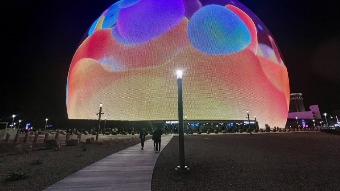 The Sphere in Las Vegas with its Exosphere illuminated at night