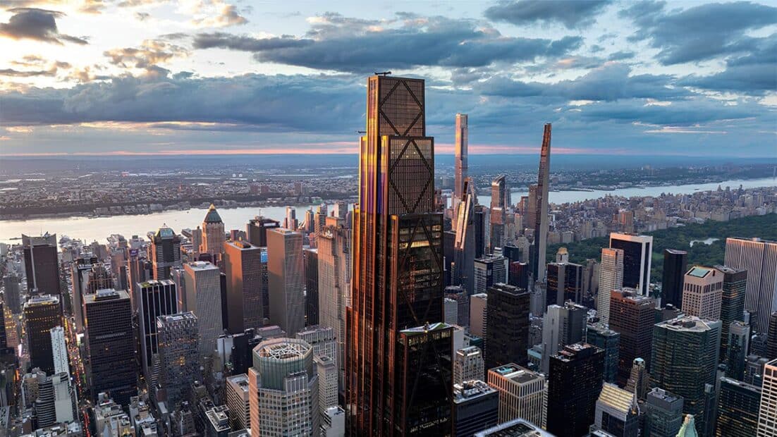 New York City financial district skyline at dusk