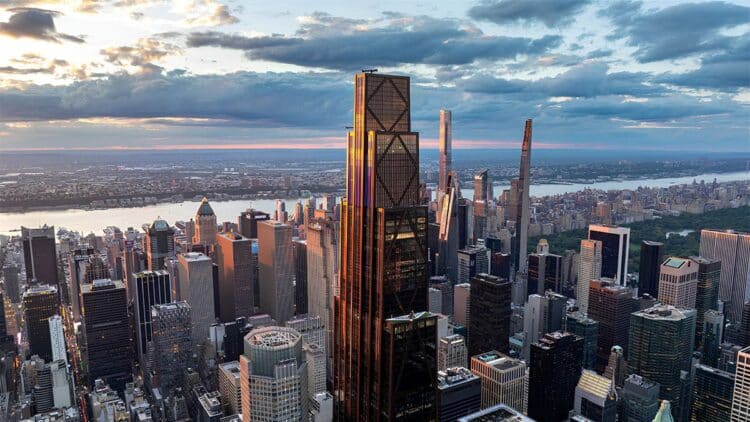 New York City financial district skyline at dusk